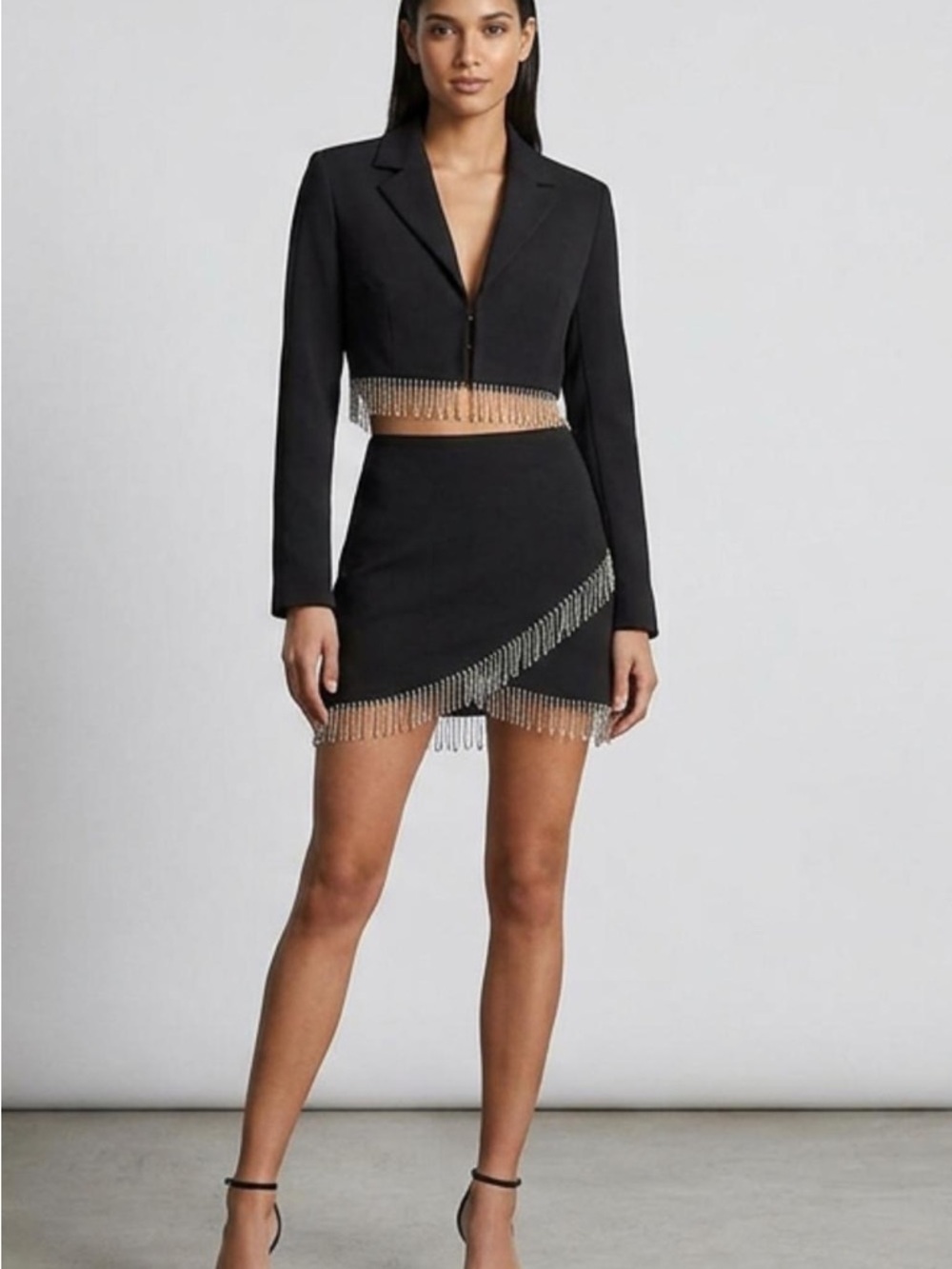 Zara Black Mini Skirt and Top with Silver Fringe